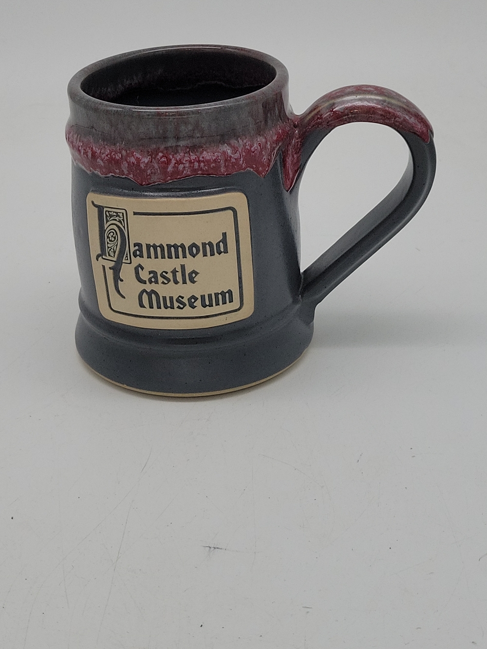 Grey Fox Pottery Hammond Castle Museum Mug Cup Red Drip Glaze Grey